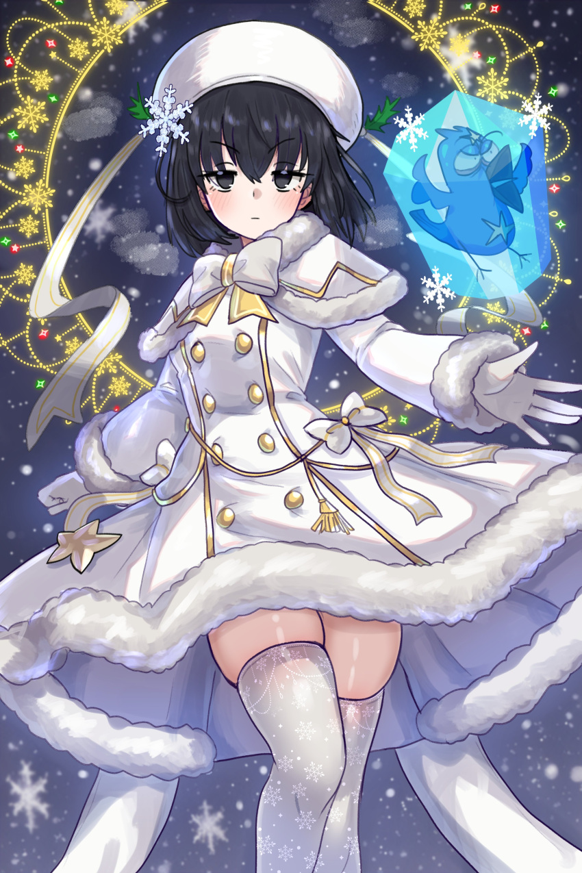 absurdres bird black_eyes black_hair breasts buttons capelet chibi double-breasted dress ebora female fur-trimmed_capelet fur_collar fur_hat fur_trim gloves gold_trim hat highres ice_crystal kuonji_alice long_sleeves looking_at_viewer lost_robin_rondo mahou_tsukai_no_yoru medium_breasts short_hair thighhighs thighs ushanka white_capelet white_dress white_gloves white_hat white_thighhighs