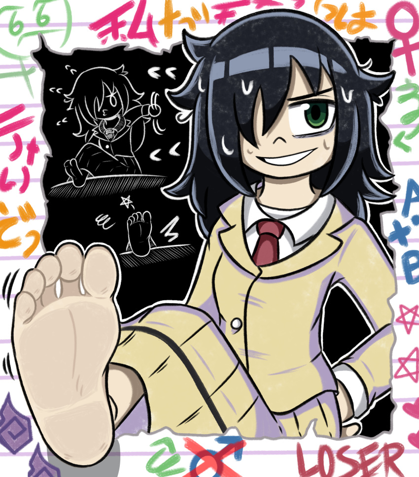 absurdres bags_under_eyes barefoot black_hair dress feet female foot_focus green_hair highres kuroki_tomoko mintytoid school_uniform soles solo watashi_ga_motenai_no_wa_dou_kangaetemo_omaera_ga_warui!