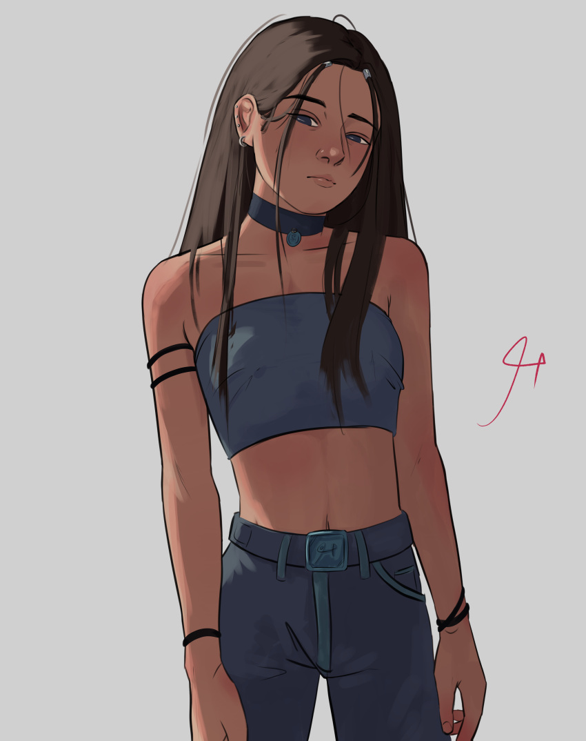 absurdres avatar:_the_last_airbender avatar_legends black_hairband casual choker contemporary female hairband highres katara long_hair looking_at_viewer palmors strapless toon_(style) tube_top