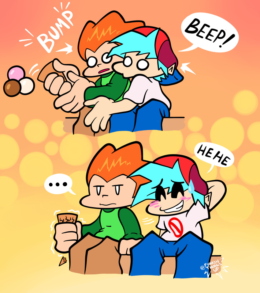 2boys boyfriend_(friday_night_funkin) falling_ice_cream friday_night_funkin funkinthingsup gay homosexual horny_male ice_cream newgrounds part_2 pico_(newgrounds) speech_bubble tagme text yaoi