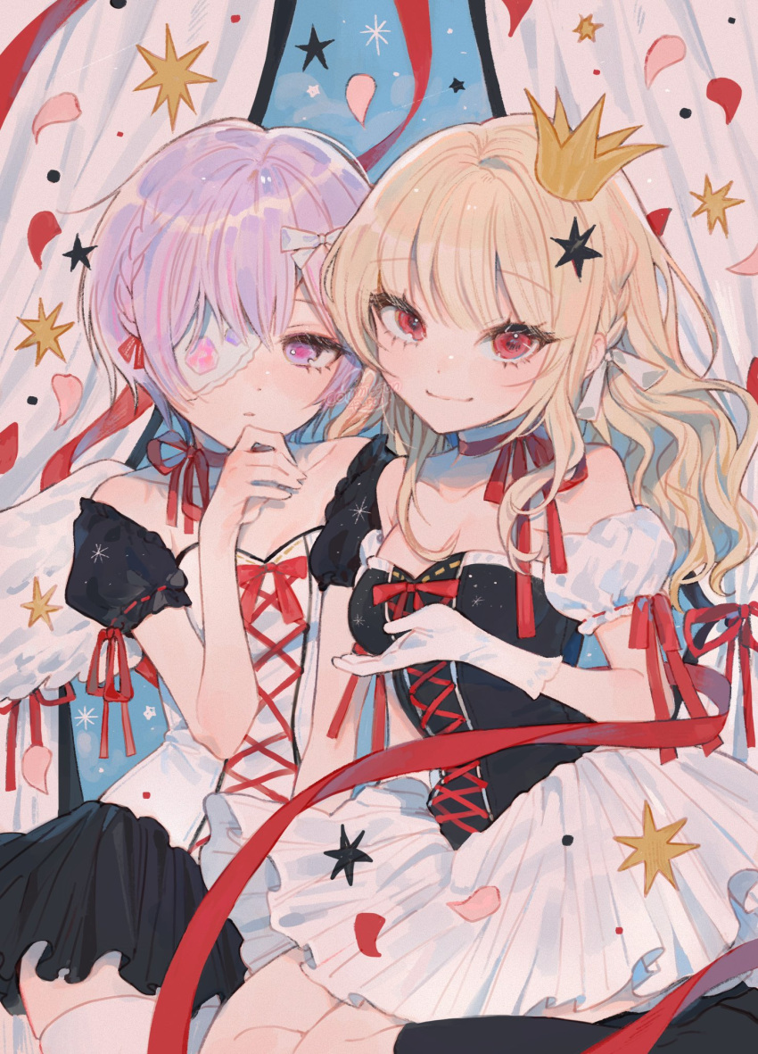 2girls 43_pon bad_id bad_twitter_id bare_shoulders black_dress blonde_hair breasts choker cleavage closed_mouth crown detached_sleeves dress eyepatch gloves hair_ornament hand_on_own_chin hand_up highres long_hair looking_at_viewer medium_breasts multiple_girls original petals puffy_detached_sleeves puffy_sleeves purple_eyes purple_hair red_choker red_eyes red_ribbon ribbon short_hair sitting smile star_(symbol) star_hair_ornament white_gloves