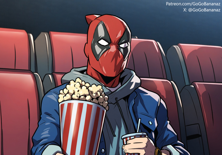 casual chair clothing deadpool deadpool_&_wolverine_(2024) deadpool_(film) drink eating food gogobananaz hoodie male male_only mask movie movie_theater patreon popcorn sfw solo solo_focus solo_male tagme url watching