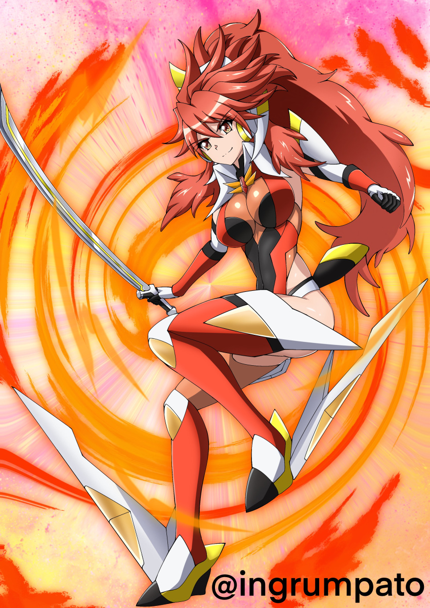 absurdres alternate_costume amou_kanade ass breasts closed_mouth female highres holding holding_sword holding_weapon kyomeihibiki large_breasts leotard long_hair magical_girl orange_eyes ponytail red_hair senki_zesshou_symphogear smile solo sword thighhighs weapon