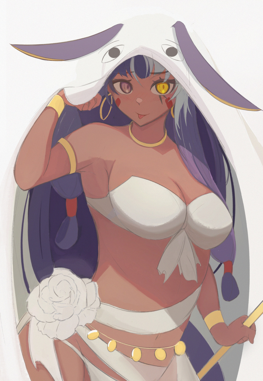 0nineo9 absurdres animal_ears armlet bare_shoulders bikini blanket bracelet breasts cleavage cosplay dark-skinned_female dark_skin earrings facepaint facial_mark fate/grand_order fate_(series) female heterochromia highres hoop_earrings jackal_ears jewelry large_breasts long_hair looking_at_viewer medjed_(fate) medjed_(fate)_(cosplay) multicolored_hair navel neck_ring nitocris_(fate) nitocris_(swimsuit_assassin)_(fate) nitocris_(swimsuit_assassin)_(third_ascension)_(fate) nitocris_alter_(fate) purple_eyes purple_hair sarong sidelocks smile solo staff swimsuit tongue tongue_out two-tone_hair very_long_hair white_bikini white_hair yellow_eyes