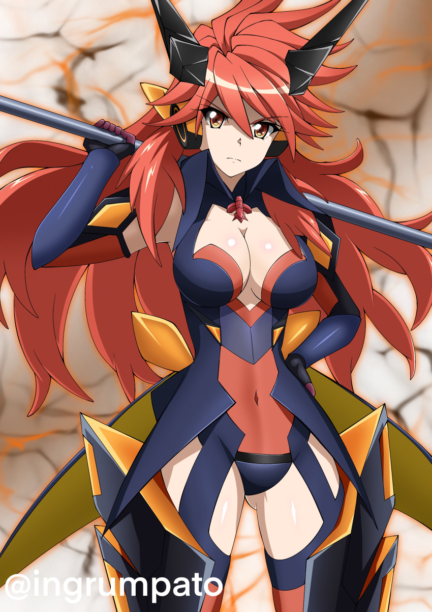 absurdres alternate_costume amou_kanade breasts cleavage closed_mouth covered_navel female hand_on_own_hip headgear highres holding holding_staff kyomeihibiki large_breasts long_hair looking_at_viewer magical_girl messy_hair orange_eyes red_hair senki_zesshou_symphogear solo staff thighhighs