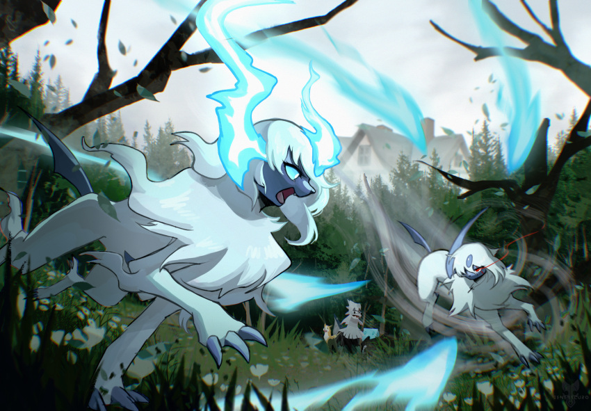 3_claws 3_toes absol battle building claws detailed_background digital_drawing_(artwork) digital_media_(artwork) feet female fog forest generation_3_pokemon generation_7_pokemon greenery hi_res house leaf legendary_pokemon meadow moria_the_absol nintendo plant pokemon pokemon_(species) pokemon_mystery_dungeon red_eyes signature silvally spike_chunsoft tenebscuro toes tree white_fang_(character)