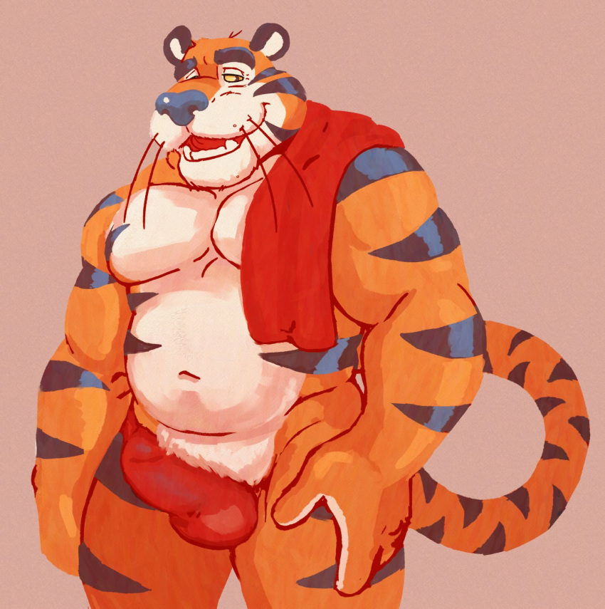 2023 anthro balls_outline belly biceps biped black_body black_fur black_stripes blue_nose bulge digital_media_(artwork) eyebrows felid frosted_flakes fur genital_outline hi_res kellogg's male male_only mammal mascot musclegut muscular muscular_anthro muscular_male navel open_mouth open_smile orange_body orange_fur pantherine pecs penis_outline pubes smile solo spectral-bat striped_body striped_fur stripes tan_body tan_fur teeth tiger tongue tony_the_tiger towel towel_only whiskers