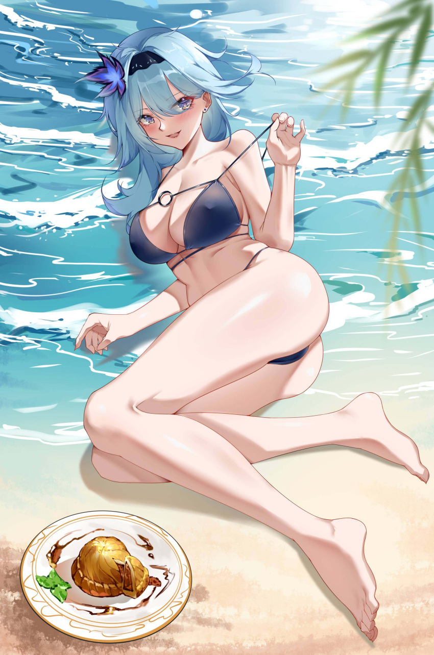 :d absurdres ass bad_id bad_mihuashi_id bare_arms bare_legs bare_shoulders barefoot beach bikini black_hairband blue_bikini blue_eyes blue_hair blurry blurry_foreground blush breasts cleavage collarbone depth_of_field earrings eula_(genshin_impact) feet female food full_body genshin_impact hair_ornament hairband hand_up highres jewelry large_breasts legs long_hair looking_at_viewer lying moon_pie_(genshin_impact) o-ring o-ring_bikini ocean on_side open_mouth pie pulling_own_clothes smile solo stomach strap_pull stud_earrings swimsuit thighs water yiran