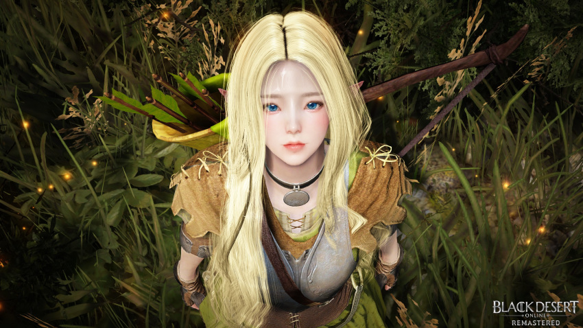 3d archery black_desert_online blonde_hair blue_eyes copyright_name elf female highres looking_at_viewer pointy_ears ranger_(black_desert) self-upload standing