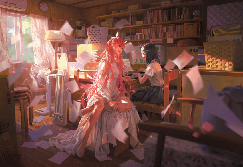 2girls belle_(ryuu_to_sobakasu_no_hime) black_hair chair chenalii closed_eyes curtains dress electric_fan highres indoors instrument ironing_board long_hair multiple_girls music naitou_suzu open_window piano pink_hair playing_instrument playing_piano ryuu_to_sobakasu_no_hime short_hair singing sitting white_dress white_footwear window