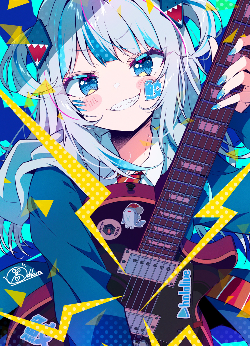 absurdres bloop_(gawr_gura) blue_background blue_eyes blue_hair blue_hoodie blue_nails blush collared_shirt dot_nose dress_shirt electric_guitar eyelashes female fingernails gawr_gura gawr_gura_(1st_costume) gibson_les_paul grey_hair grin guitar hair_ornament highres hololive hololive_english hood hoodie ichijo_rei instrument long_fingernails medium_hair multicolored_background multicolored_hair nail_art necktie red_necktie shark_girl shark_hair_ornament sharp_fingernails sharp_teeth shirt sidelocks signature smile solo star_(symbol) star_in_eye sticker streaked_hair striped_necktie symbol_in_eye teeth two_side_up upper_body virtual_youtuber white_shirt