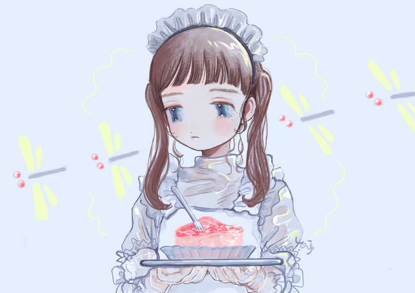 bangs blue_eyes blunt_bangs blush brown_hair dress extra_pupils female food fork grey_background highres holding holding_tray long_hair meat mole mole_under_eye original short_sleeves solo toyux2 tray twintails white_dress