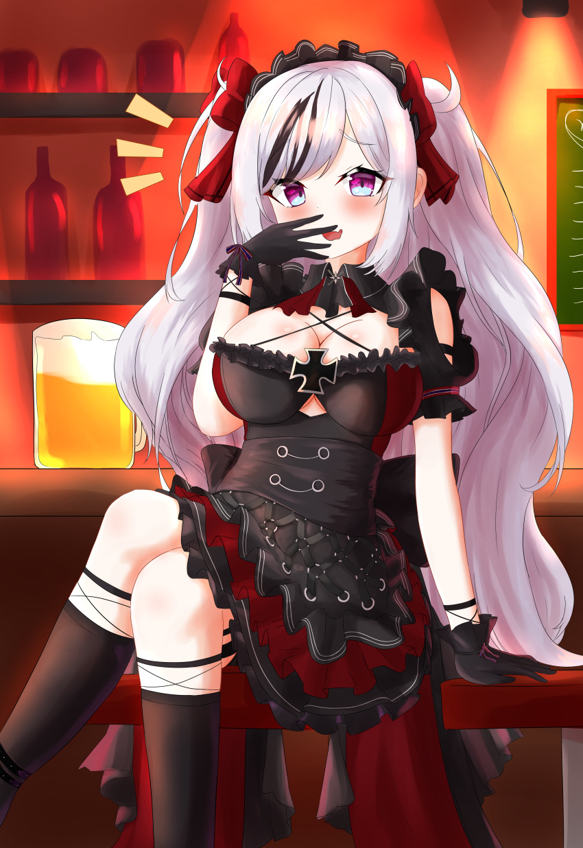 absurdres azur_lane bare_shoulders beer_mug black_dress black_gloves black_hair breasts cleavage clothing_cutout cross crossed_legs cup dress elbe_(azur_lane) elbe_(time_to_show_off?)_(azur_lane) female frilled_dress frilled_hairband frills gloves hair_ribbon hairband highres indoors iron_cross large_breasts layered_dress mug multicolored_hair oerba_yun_fang official_alternate_costume red_dress red_ribbon ribbon sitting skin_fang streaked_hair two-tone_dress two-tone_hair underboob_cutout white_hair yeong100