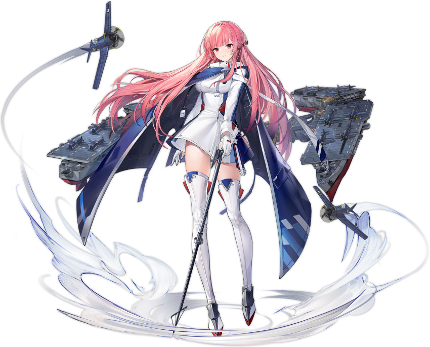 aircraft airplane azur_lane blue_cape boots breasts cape closed_mouth dress eagle_union_(emblem) expressionless f6f_hellcat female flight_deck floating_hair full_body gloves hair_ornament high_collar highres holding holding_staff large_breasts long_hair long_sleeves multicolored_clothes multicolored_dress official_art partially_fingerless_gloves pavapo pink_eyes pink_hair princeton_(azur_lane) rigging rudder_footwear sidelocks skindentation solo staff standing thigh_boots thighhighs thighhighs_under_boots thighs tied_hair transparent_background white_dress white_footwear white_gloves