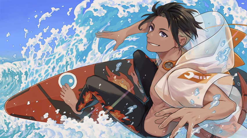 1boy alchemy_stars barefoot black_hair brock_(alchemy_stars) brock_(trailblazing_fashionista)_(alchemy_stars) dark-skinned_male dark_skin day grey_eyes highres isshoku_(shiki) jacket legskin male_focus male_swimwear outdoors short_hair smile solo surfboard surfing tail teeth water waves white_jacket