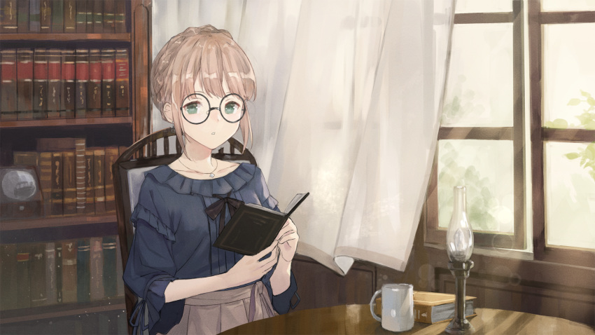 aspen_(please_be_happy) blonde_hair blouse book bookshelf bow collarbone cup curtains earrings female glasses green_eyes highres indoors jewelry kobuta lamp looking_at_viewer mug necklace official_art open_book please_be_happy shirt solo table window