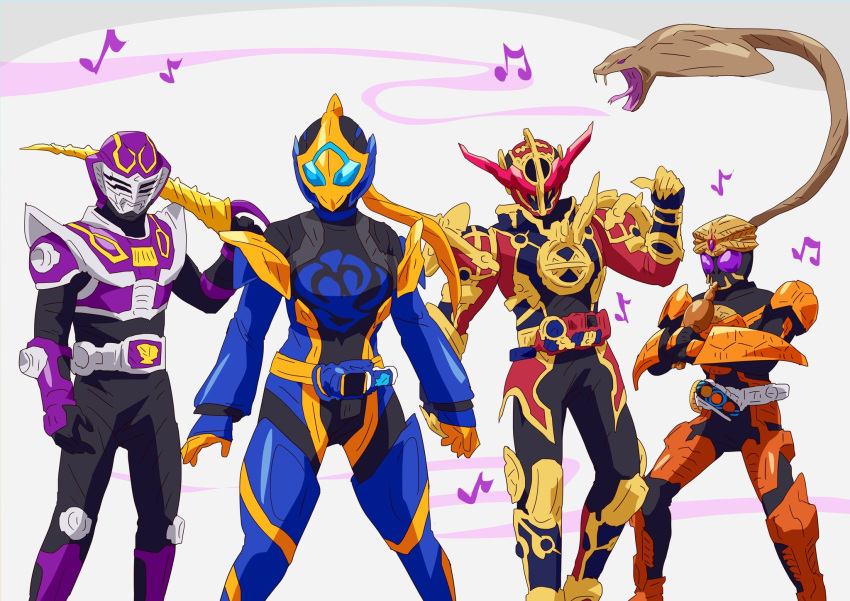 3boys armor blue_eyes burakawani_(ooo_combo) cobra_(animal) evol_driver female flute gloves highres holding holding_weapon instrument kamen_rider kamen_rider_build_(series) kamen_rider_evol kamen_rider_jeanne kamen_rider_ooo kamen_rider_ooo_(series) kamen_rider_ouja kamen_rider_revice kamen_rider_ryuki_(series) libera_driver multiple_boys musical_note orange_armor orange_gloves otokamu purple_armor red_armor staff summoning sword trait_connection venosaber weapon