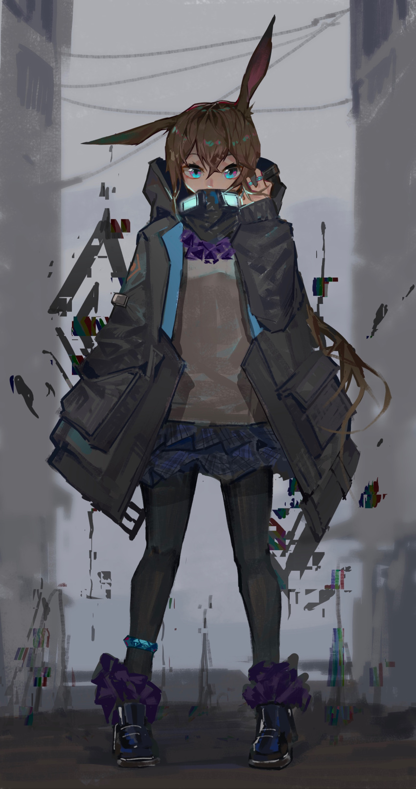 absurdres amiya_(arknights) animal_ears anklet arknights ascot black_coat black_footwear black_pantyhose blue_anklet blue_eyes blue_skirt brown_hair building clay_(clayjun) coat commentary_request covered_mouth female full_body glitch grey_shirt hand_in_pocket hand_up highres hood hood_down hooded_coat jewelry long_hair long_sleeves looking_at_viewer mask mask_around_neck multiple_rings night open_clothes open_coat originium_arts_(arknights) outdoors pantyhose purple_ascot rabbit_ears ring shirt skirt solo standing