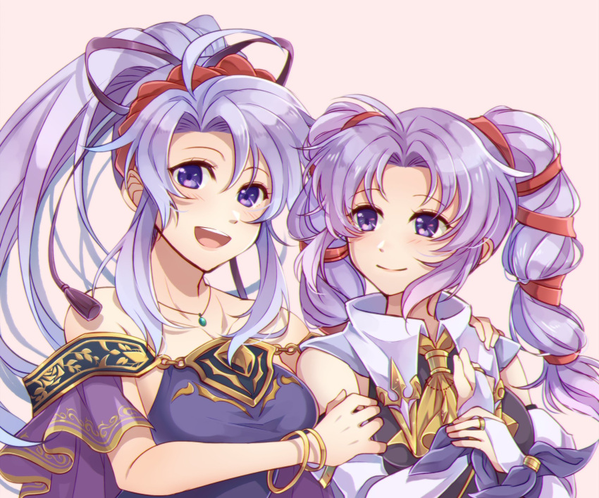 2girls blush bracelet bridal_gauntlets capelet fire_emblem fire_emblem:_genealogy_of_the_holy_war hair_ribbon highres ikuradon_tabeti jewelry long_hair mother_and_daughter multiple_girls necklace ponytail purple_eyes purple_hair ribbon simple_background smile tailtiu_(fire_emblem) tine_(fire_emblem) twintails