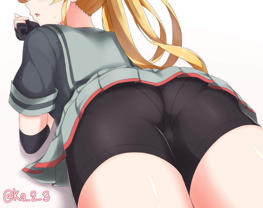 abukuma_(kancolle) abukuma_kai_ni_(kancolle) ass bad_id bad_twitter_id bike_shorts black_jacket black_shorts blonde_hair blush elbow_pads female gloves grey_sailor_collar grey_skirt highres ibuki_grunt jacket kantai_collection long_hair lying miniskirt on_stomach open_mouth panties_under_bike_shorts pantylines partially_fingerless_gloves pleated_skirt sailor_collar school_uniform serafuku short_sleeves shorts shorts_under_skirt skirt solo twintails