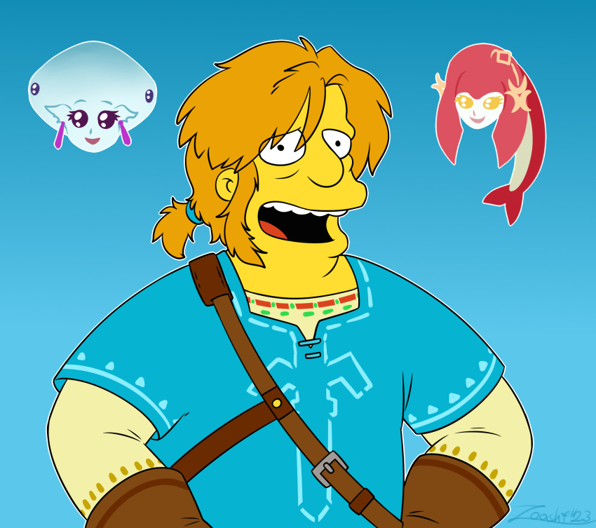 2023 artist_name blonde_hair blue_background breath_of_the_wild clothed clothing digital_drawing_(artwork) digital_media_(artwork) female hair hi_res human link mammal marine mipha model_sheet nintendo ocarina_of_time princess_ruto simple_background the_legend_of_zelda the_simpsons troy_mcclure zooshi zora