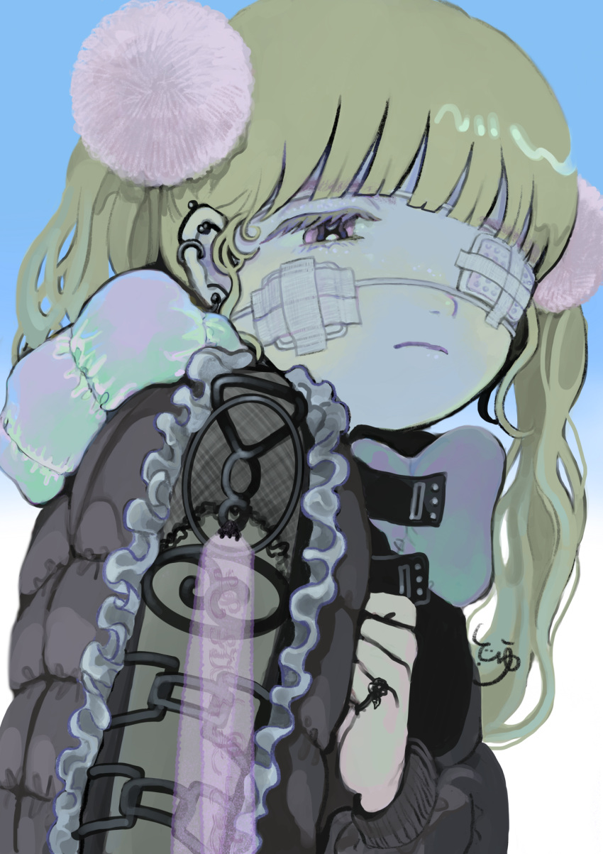 bangs black_jacket blonde_hair blue_background blunt_bangs ear_piercing earrings extra_pupils eyepatch female frills gradient gradient_background hand_up highres jacket jewelry long_hair original piercing pink_eyes solo toyux2 twintails white_background