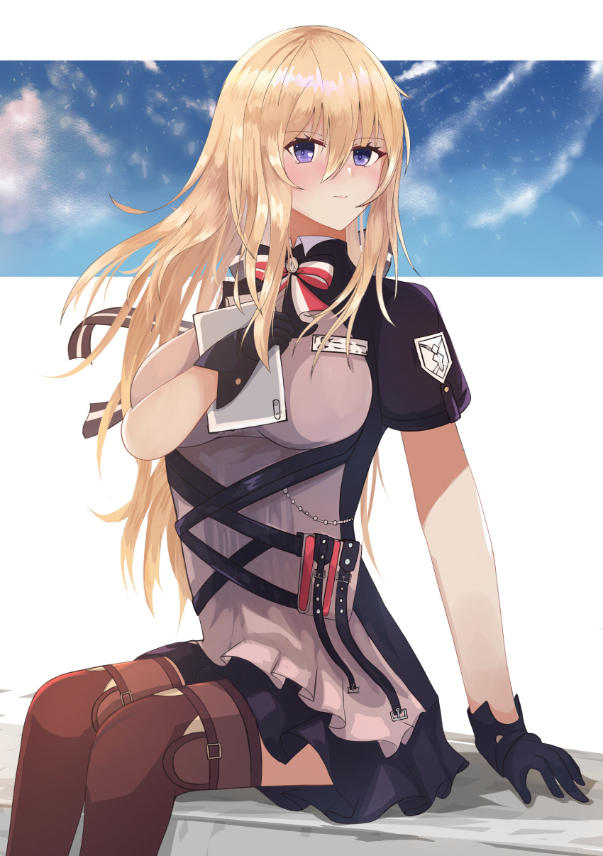 absurdres azur_lane bismarck_(azur_lane) bismarck_(iron_black_elysium)_(azur_lane) blonde_hair blush boots breasts brown_footwear closed_mouth dress feet_out_of_frame female gloves hane_(feathe02) highres holding holding_notepad knee_boots long_hair looking_at_viewer medium_breasts notepad official_alternate_costume purple_eyes purple_gloves simple_background sitting solo