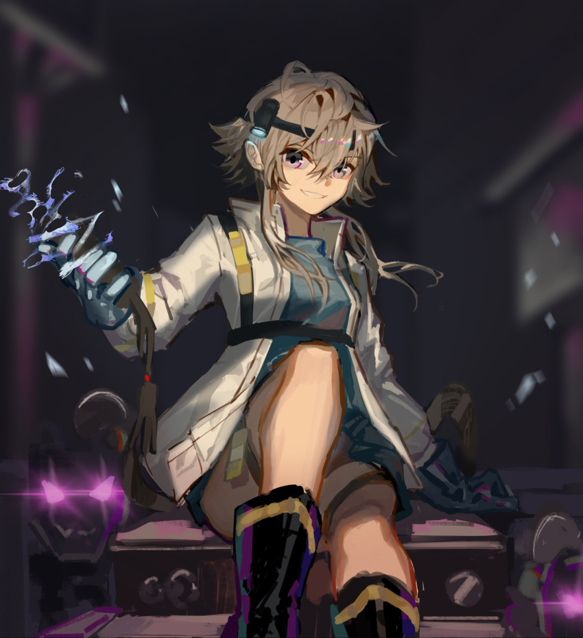 arknights bare_legs black_footwear blue_gloves blue_shirt blurry blurry_background boots breasts chest_strap clay_(clayjun) commentary_request electricity feet_out_of_frame female gloves glowing glowing_eyes grey_eyes grey_hair hand_up headlamp highres jacket long_sleeves looking_at_viewer mayer_(arknights) mayer_(visionblazer_in_the_courtyard)_(arknights) medium_breasts meeboo_(arknights) official_alternate_costume open_mouth purple_eyes shirt short_hair_with_long_locks sitting smile solo teeth thigh_strap white_jacket