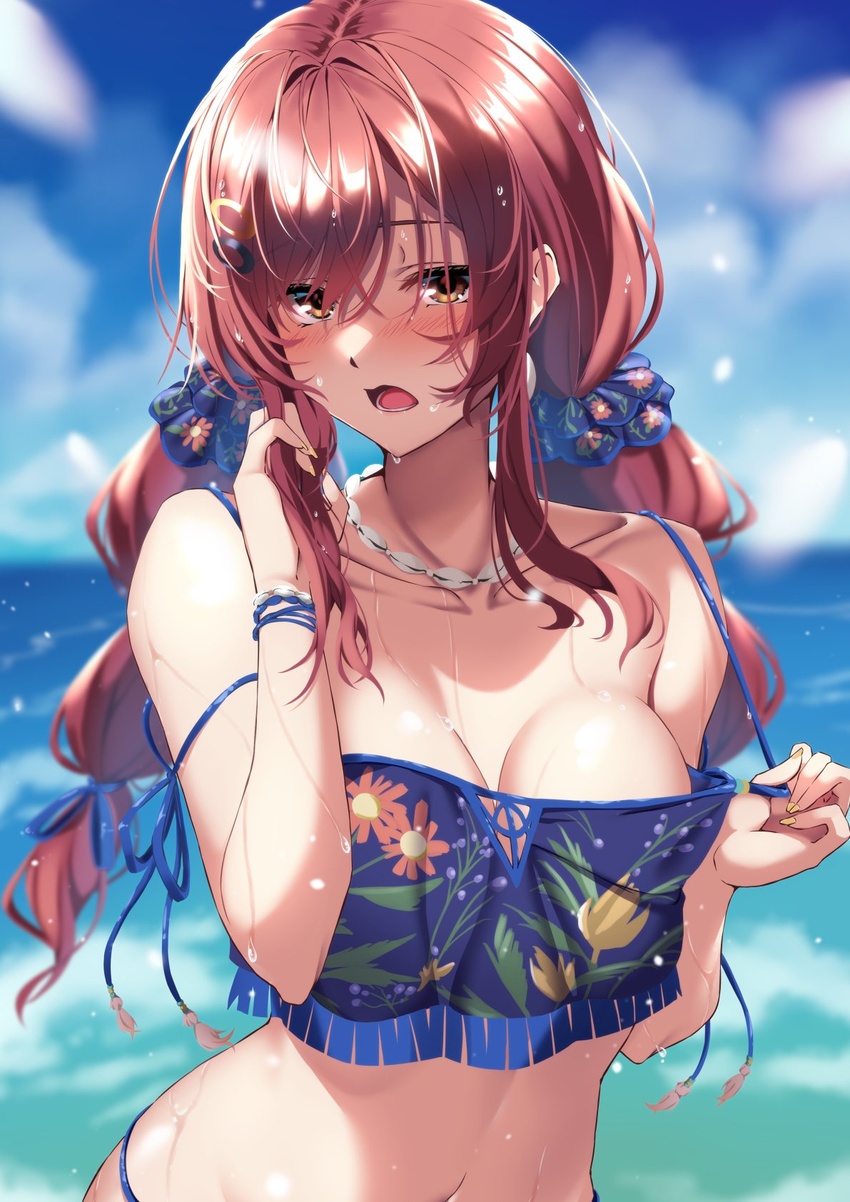 :o bikini blue_bikini blurry blurry_background blush bracelet breasts brown_hair cleavage collarbone day female hair_ornament hair_scrunchie highres idolmaster idolmaster_shiny_colors jewelry kagari_liroi looking_at_viewer medium_breasts nail_polish navel osaki_amana outdoors scrunchie solo strap_slip swimsuit twintails upper_body water_drop wet wet_hair