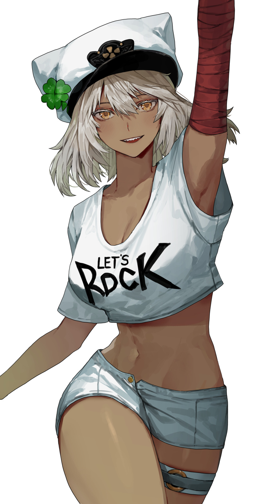 absurdres arm_up arm_wrap armpits breasts carol0905 cleavage clothes_writing clover collarbone crop_top cropped_shirt dark-skinned_female dark_skin feet_out_of_frame female grin guilty_gear guilty_gear_strive guilty_gear_strive_x_tower_records hair_between_eyes hat highres large_breasts medium_hair midriff navel official_alternate_costume open_mouth orange_eyes ramlethal_valentine short_shorts short_sleeves shorts simple_background smile solo standing teeth thighs tower_records upper_teeth_only white_background white_hair white_hat