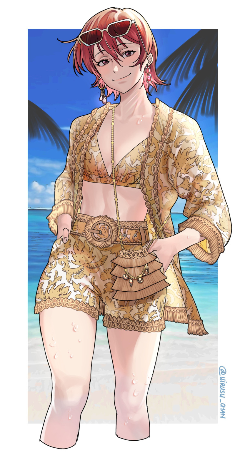 absurdres beach blush breasts brown_eyes collarbone eyewear_on_head fashion female grey_eyes hair_between_eyes han_soo-min_(hanny) hands_in_pockets hanny_(uirusu_chan) high-waist_shorts highres jacket jewelry looking_at_viewer navel original outdoors red_hair short_hair shorts simple_background small_breasts smile solo standing sunglasses swimsuit tekken tekken_7