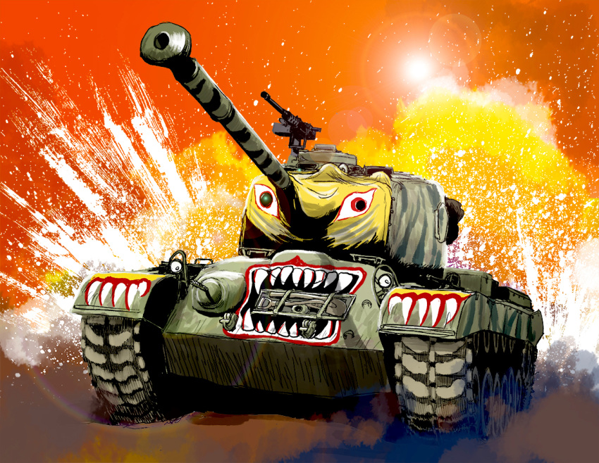 black_eyes commentary_request explosion lens_flare m46_patton matsuda_juukou military military_vehicle motor_vehicle no_humans open_mouth original sun tank turret vehicle_focus