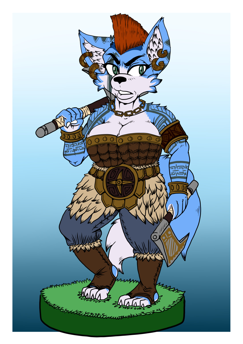 2023 absurd_res anthro armor axe battle_axe breasts canid canine cerinian cleavage clothed clothing cosplay crossover crossover_cosplay digital_drawing_(artwork) digital_media_(artwork) ear_piercing ear_ring female fox fur gamesworkshop hi_res jewelry krystal_(star_fox) leather leather_armor mammal miniature_model mohawk necklace nintendo piercing ring_piercing slayer solo star_fox tattoo warhammer_(franchise) warhammer_fantasy xxtheoneguyxx