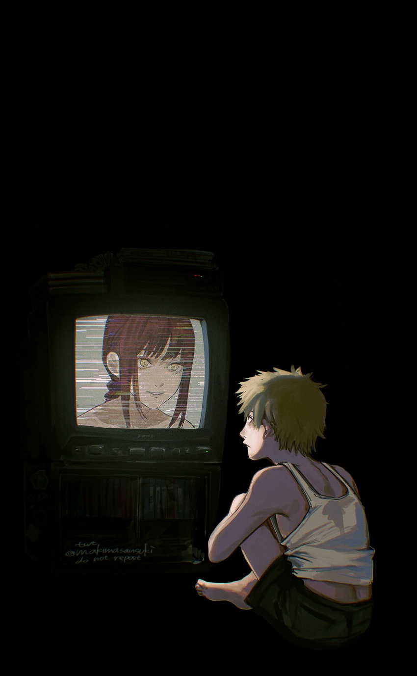 1boy bare_shoulders black_background blonde_hair chainsaw_man commentary crossover dark denji_(chainsaw_man) english_commentary female highres kamo_(kamonegioisi) looking_at_another looking_at_screen makima_(chainsaw_man) red_hair ringed_eyes screen_light serial_experiments_lain shirt short_hair sitting sleeveless sleeveless_shirt television watching_television yellow_eyes