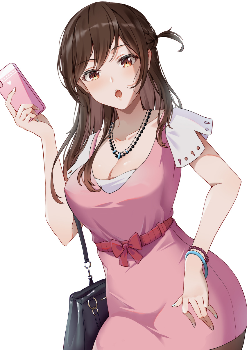 :o absurdres bag breasts brown_eyes brown_hair cellphone cleavage female handbag highres holding holding_phone kanojo_okarishimasu large_breasts long_hair looking_down mizuhara_chizuru open_mouth phone smartphone solo white_background yukiaka