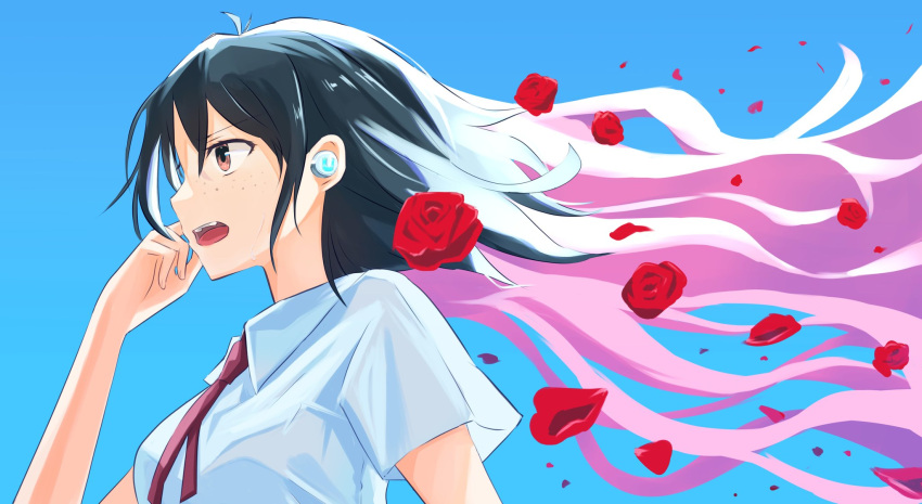 black_hair brown_eyes collared_shirt cycloneactionx earbuds earphones female flower freckles from_side highres long_hair naitou_suzu neck_ribbon open_mouth petals pink_hair red_ribbon ribbon rose ryuu_to_sobakasu_no_hime shirt solo sweatdrop white_shirt