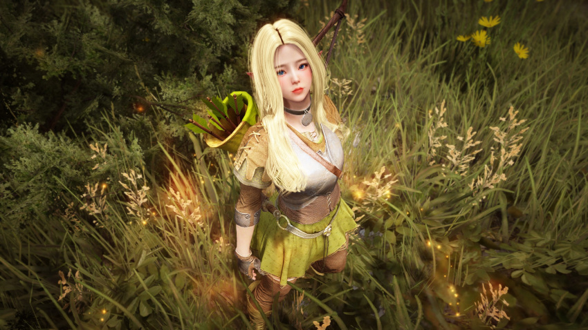 3d archery black_desert_online blonde_hair blue_eyes elf female highres looking_at_viewer pointy_ears ranger_(black_desert) self-upload solo standing