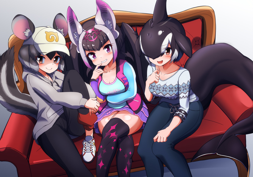 3girls animal_ears arm_rest arm_under_breasts baseball_cap bat_ears bat_girl bat_wings black_hair blowhole breasts brown_eyes casual cetacean_tail chinchilla_(kemono_friends) cleavage closed_mouth collarbone commentary_request common_vampire_bat_(kemono_friends) contemporary couch crossed_legs diadem dorsal_fin drawstring ears_through_headwear eyebrows_visible_through_hat eyes_visible_through_hair feet_out_of_frame fins fish_tail grey_hair grin hair_over_one_eye hand_to_own_mouth hand_up hat head_fins head_wings highres hood hood_down hoodie hugging_own_legs japari_symbol kemono_friends kemono_friends_3 knee_up long_sleeves looking_at_viewer medium_hair microskirt morimasakazu multicolored_hair multiple_girls on_couch open_mouth orca_(kemono_friends) pants parted_bangs purple_eyes purple_hair shirt shoes sitting skirt smile tail thighhighs two-tone_hair vest wings zettai_ryouiki