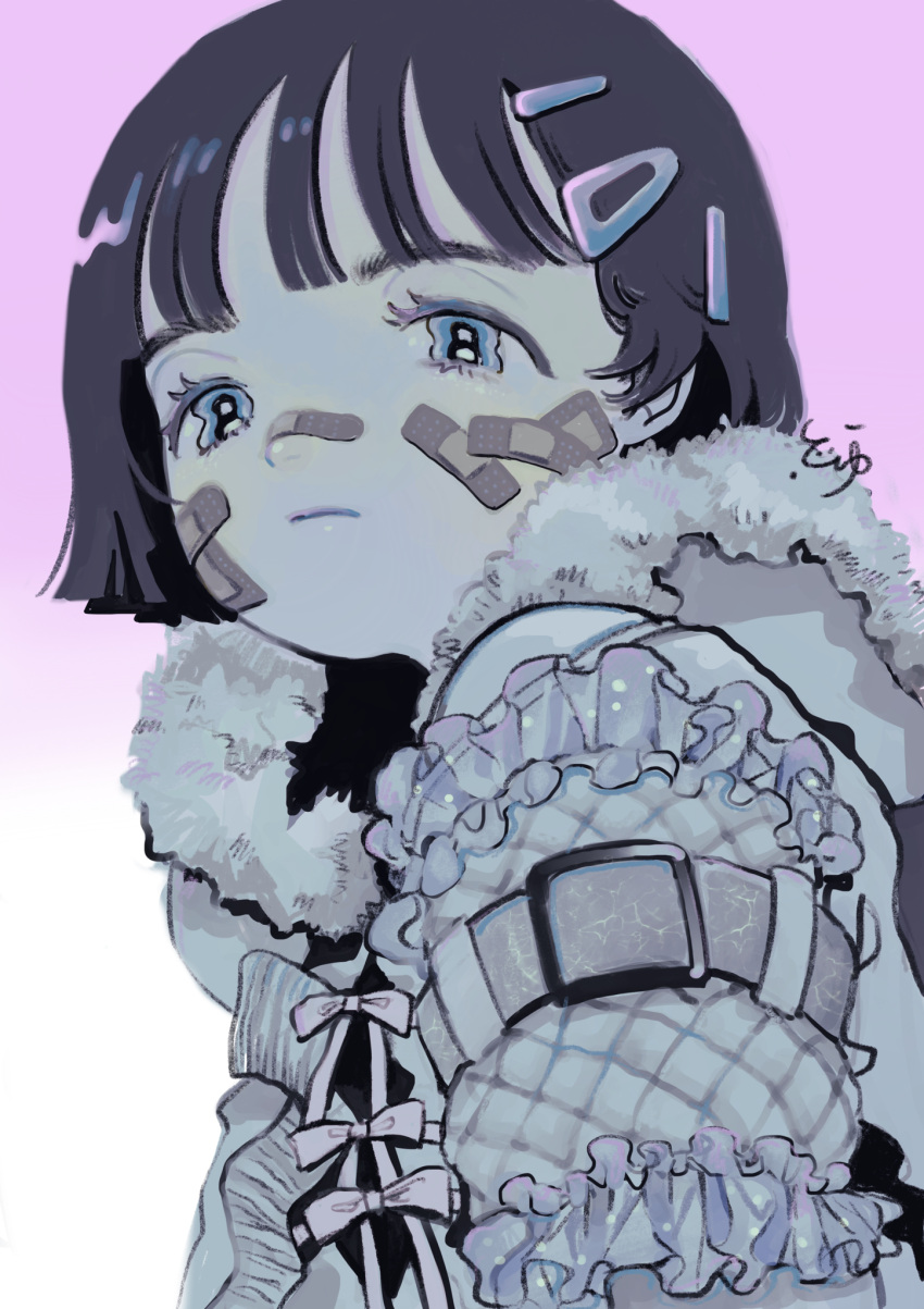 bandaid bandaid_on_face bandaid_on_nose bangs black_hair blue_eyes expressionless extra_pupils female frills fur_trim gradient gradient_background hair_ornament hairclip highres looking_at_viewer original purple_background short_hair solo toyux2 upper_body white_background