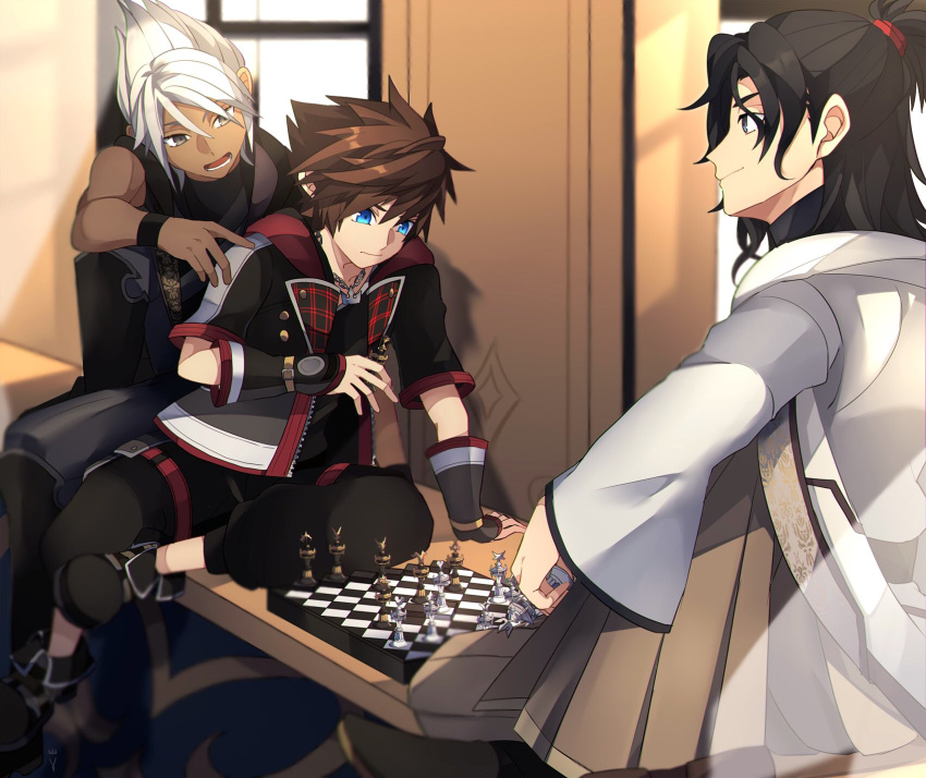 3boys aged_down bad_id bad_twitter_id black_footwear black_hair black_pants board_game brown_hair chess chess_piece chessboard dark-skinned_male dark_skin eraqus highres kingdom_hearts kingdom_hearts_iii male_focus multiple_boys ou_negi pants plaid playing_games sora_(kingdom_hearts) time_paradox topknot white_hair window xehanort