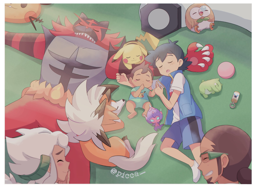 3boys artist_name bangs barefoot black_hair blush brown_hair burnet_(pokemon) closed_eyes closed_mouth commentary_request dark_skin dark_skinned_male dedenne eyelashes facial_hair female gen_1_pokemon gen_6_pokemon gen_7_pokemon hair_bun highres incineroar jacket kukui_(pokemon) lei_(pokemon) lying mei_(maysroom) multiple_boys on_back on_side open_mouth pikachu poipole pokemon pokemon_(anime) pokemon_(creature) pokemon_swsh_(anime) rowlet satoshi_(pokemon) shirt shorts sleeping smile socks soles substitute_(pokemon) sunglasses teeth toes ultra_beast white_legwear white_shirt