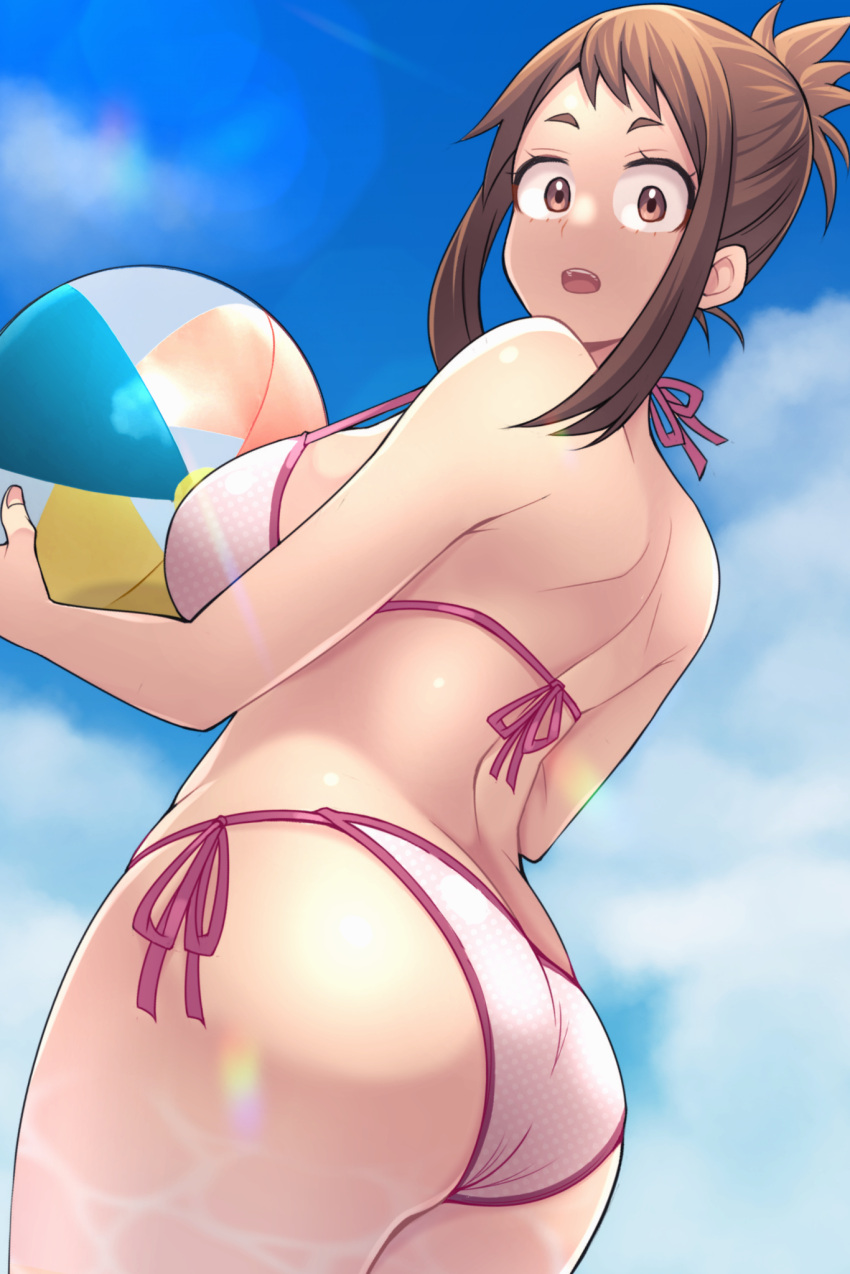 adahcm alternate_costume ass back ball beachball bikini blue_sky boku_no_hero_academia breasts brown_eyes brown_hair caustics cloud cloudy_sky collaboration commentary cowboy_shot curvy day female from_below half_updo halterneck highres holding holding_ball holding_beachball kobaji large_breasts lens_flare looking_at_viewer looking_back medium_hair open_mouth polka_dot polka_dot_bikini side-tie_bikini_bottom sideboob sidelocks sky solo standing string_bikini sunlight swimsuit thighs uraraka_ochako white_bikini