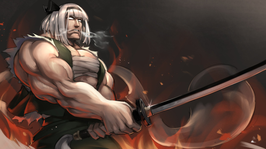 1boy asutora bandages bob_cut breath chest_sarashi cho_aniki clenched_teeth fire genderswap_(ftm) ghost glint green_vest grey_background hair_ribbon hairband hitodama holding holding_sword holding_weapon katana konpaku_youmu konpaku_youmu_(ghost) male_focus manly muscular muscular_male no_pupils pectorals ribbon rule_63 sarashi serious short_hair simple_background solo sword teeth torn_clothes touhou upper_body vest weapon white_hair