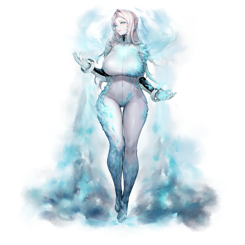 aqua_eyes arm_guards bodysuit bracelet braid breasts collarbone covered_navel female floating floating_object frost full_body game_cg gloves hair_intakes highres huge_breasts ice jam_(nandade) jewelry last_origin long_hair looking_at_viewer mnemosyne_(last_origin) official_art single_braid skin_tight smoke solo tachi-e thigh_gap third-party_source transparent_background white_bodysuit white_gloves white_hair wide_hips