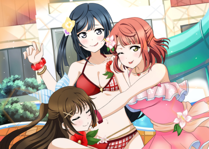 3girls azuna_(love_live!) bikini black_hair blush bracelet breasts brown_hair cleavage closed_eyes collarbone commentary embarrassed flower grey_eyes hair_flower hair_ornament half_updo highres jewelry korean_commentary light_smile long_hair looking_at_viewer love_live! love_live!_nijigasaki_high_school_idol_club love_live!_school_idol_festival_all_stars medium_breasts medium_hair multiple_girls necklace one_side_up orange_hair osaka_shizuku summer_splash_(love_live!) swimsuit tongue tongue_out uehara_ayumu upper_body yellow_eyes yuki_setsuna_(love_live!) yumel_lot