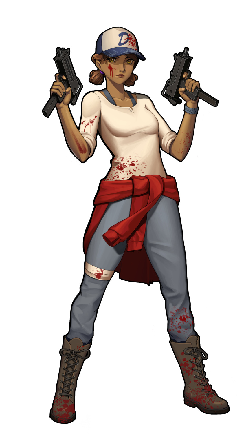 blood bloody_clothes boots brown_eyes brown_hair clementine_(the_walking_dead) clothed dark-skinned_female dark_skin dual_wielding female female_focus female_only gun minqi short_hair simple_background the_walking_dead the_walking_dead:_a_new_frontier the_walking_dead_game weapon white_background