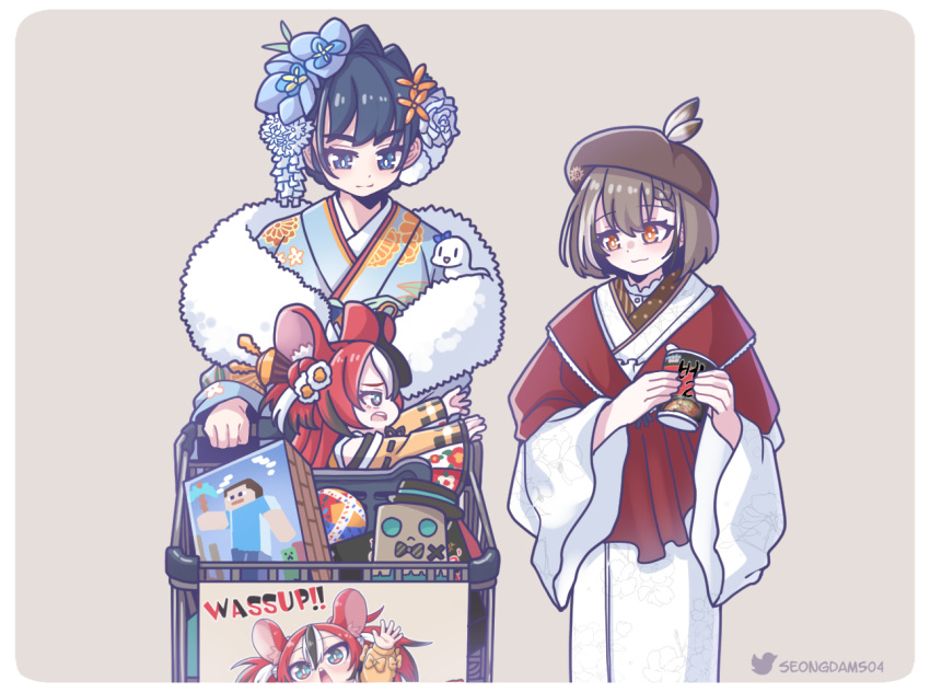 3girls animal_ears black_hair blue_eyes blue_kimono boros_(ouro_kronii) braid braided_bangs brown_eyes brown_hair character_request commentary creeper cup_ramen feathers floral_print flower flower_on_head food friend_(nanashi_mumei) groceries hair_flower hair_ornament hakos_baelz hakos_baelz_(new_year) hololive hololive_english in_shopping_cart japanese_clothes kimono long_sleeves minecraft monja_(monja0521) mouse_ears mouse_girl multicolored_hair multiple_girls nanashi_mumei nanashi_mumei_(new_year) official_alternate_costume open_mouth ouro_kronii ouro_kronii_(new_year) print_kimono red_hair red_shawl shawl shopping_cart short_hair smile steve_(minecraft) streaked_hair twintails virtual_youtuber white_hair white_kimono wide_sleeves worm