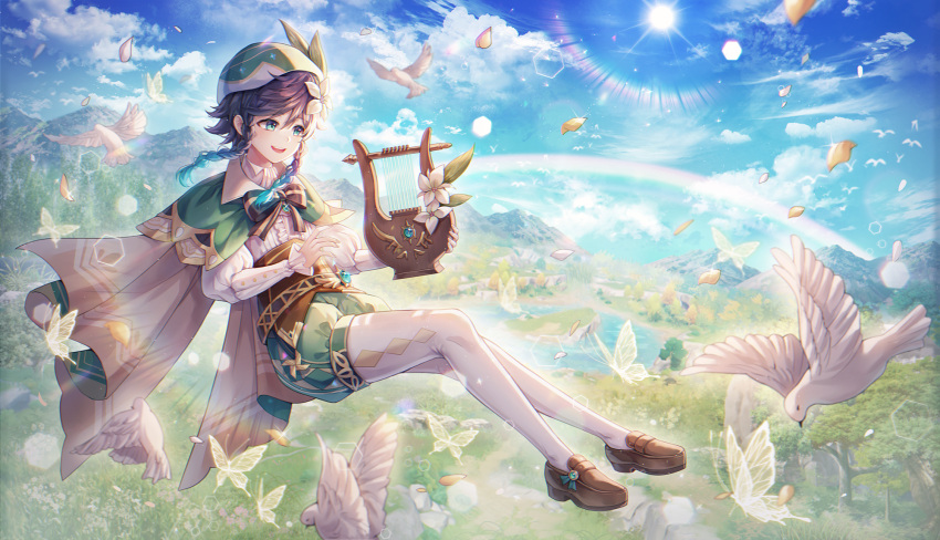 1boy androgynous animal argyle_clothes argyle_legwear beret bird black_hair blue_hair bow braid brooch bug butterfly cape cloud cloudy_sky collared_cape collared_shirt commentary corset day feathers floating flower frilled_sleeves frills gem genshin_impact gradient_hair grass green_eyes green_hat green_shorts hair_flower hair_ornament hat hayun highres holding holding_instrument instrument jewelry leaf long_sleeves lyre male_focus md5_mismatch mountainous_horizon multicolored_hair open_mouth outdoors pantyhose petals pinwheel pond rainbow revision shirt shoes short_hair_with_long_locks shorts sky smile solo sun tree twin_braids venti_(genshin_impact) vision_(genshin_impact) water white_flower white_pantyhose white_shirt