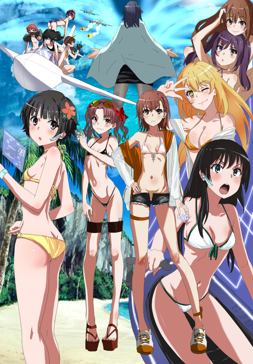 1boy 6+girls aircraft airplane ass ass_visible_through_thighs beach between_fingers bikini black_hair blue_eyes blue_sky breasts brown_eyes brown_hair butt_crack cloud cowboy_shot day dolly_(toaru_kagaku_no_railgun) drone electricity electrokinesis eyewear_on_head flower full_body groin hair_flower hair_ornament headset highleg highleg_bikini highres holding holding_needle iizumi_rita jacket kouzaku_mitori large_breasts legs long_hair long_legs medium_breasts medium_hair misaka_mikoto missile missile_trail mitsunari_(708154) mq-9_reaper multiple_girls navel needle otoko_no_ko outdoors platform_footwear psychic purple_hair sakuragi_naruha saten_ruiko seike_taroumaru shirai_kuroko shokuhou_misaki short_hair siblings side-tie_bikini_bottom sisters sky small_breasts smoke_trail sparkle sparkling_eyes standing sunglasses swimsuit symbol-shaped_pupils thigh_strap thighs throwing_needles toaru_kagaku_no_railgun toaru_kagaku_no_railgun_t toaru_majutsu_no_index twintails uav uiharu_kazari white_bikini white_jacket yakumaru_itsuki yellow_bikini