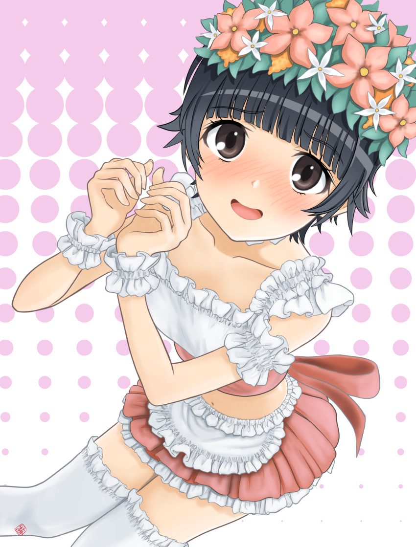 absurdres alternate_costume apron black_eyes black_hair blush commentary_request commission enmaided female flower hair_flower hair_ornament head_wreath highres looking_at_viewer maid miniskirt nao_suke navel open_mouth pink_background red_skirt short_hair skeb_commission skirt smile solo thighhighs toaru_kagaku_no_railgun toaru_majutsu_no_index uiharu_kazari white_apron white_background white_thighhighs wrist_cuffs